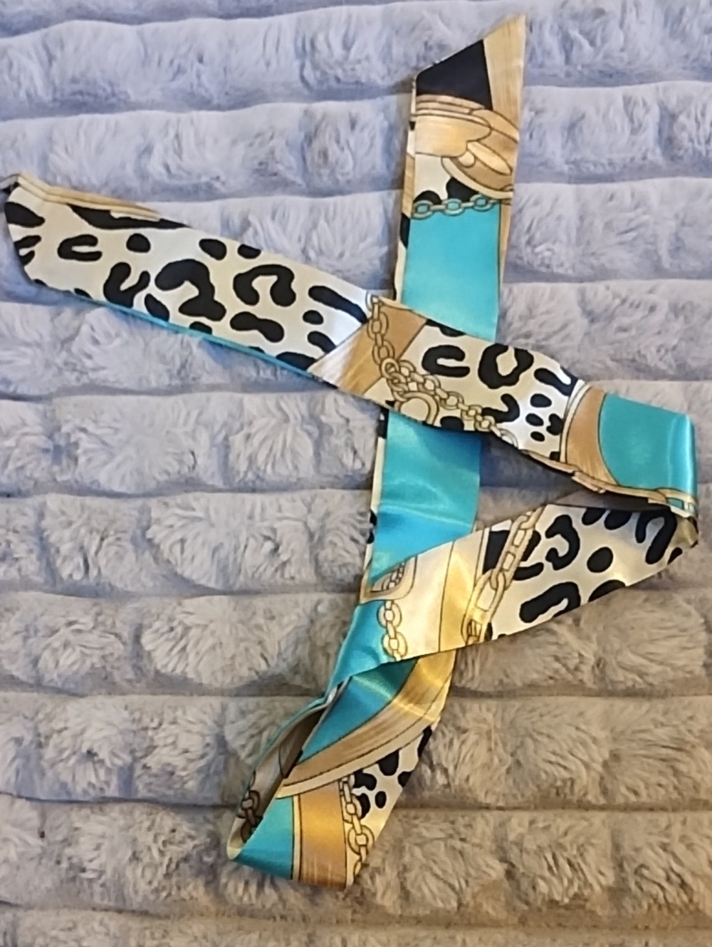 Aqua & Gold Leopard Print Scarf Twilly